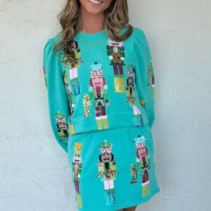 QUEEN OF SPARKLES Teal Nutcracker Sweater and Skirt Set